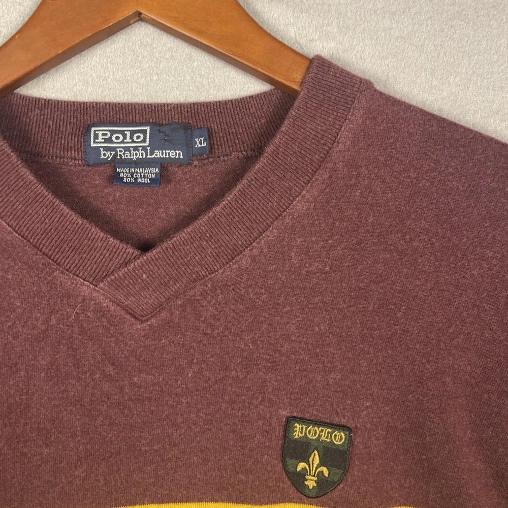 Polo Ralph Lauren Sweater Mens XL Wool Maroon Striped Embroidered Preppy Classic